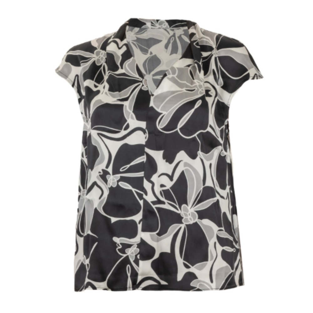 NWOT 100% silk satin abstract floral office blouse shirt cap sleeve summer